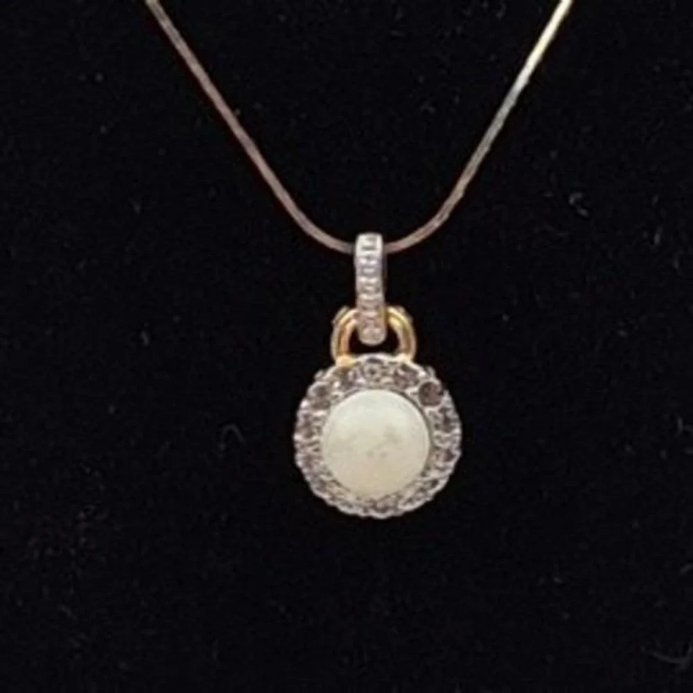 VTG Italian 925 Silver Halo Pendant Necklace Pearl Clear Stone Dainty Estate 18